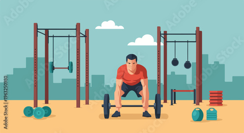 Flat illustration of a man lifting a barbell in a gym setting