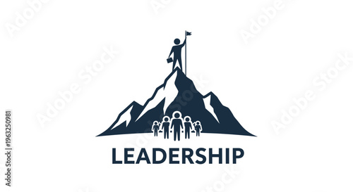 A person stands on a mountain peak waving a flag with a group below them representing leadership.