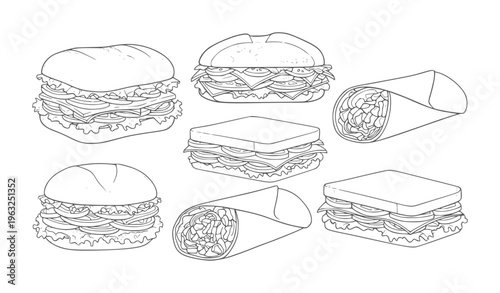 Assortment of layered sandwiches and rolled burritos in outline style food meal lunch