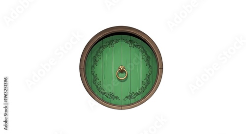 Green metal object with gold details.