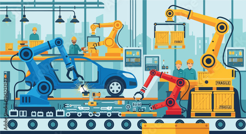 Illustration of a car being assembled by robotic arms in a factory setting