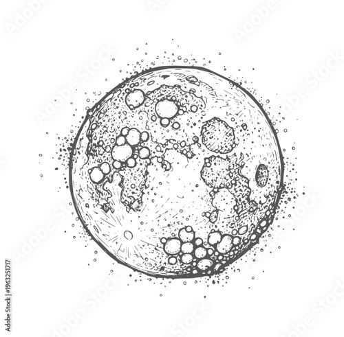 Black and white hand drawn of the full moon with craters surface texture handdrawn