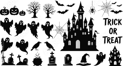 Halloween silhouette collection with haunted castle, ghosts, pumpkins, bats, spider web, witch hat, graveyard elements vector set isolated spooky design bundle
