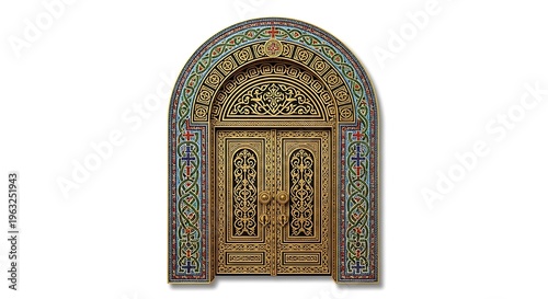 Ornate wooden door with archway.
