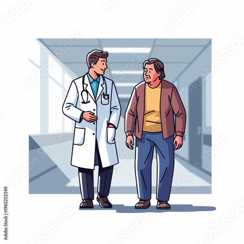 Illustration of a doctor and patient walking down a hospital hallway