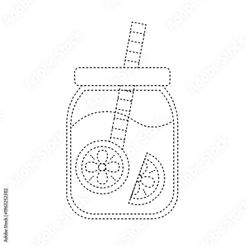 Dotted line drawing of a glass jar with a straw and lemon slices for kids activity game cutout png