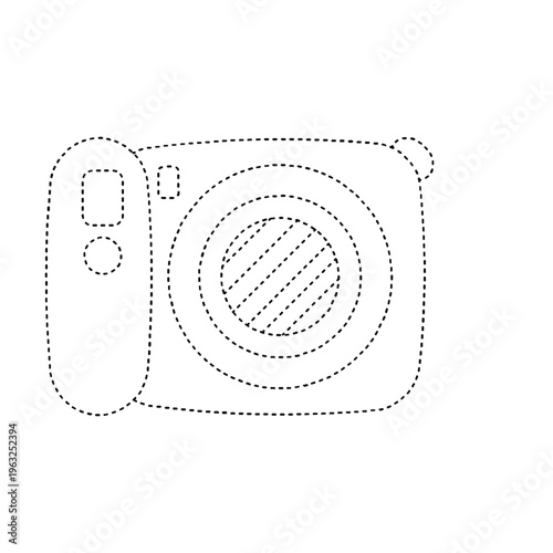 Isolated dotted line drawing of a camera for kids activity game on transparent background