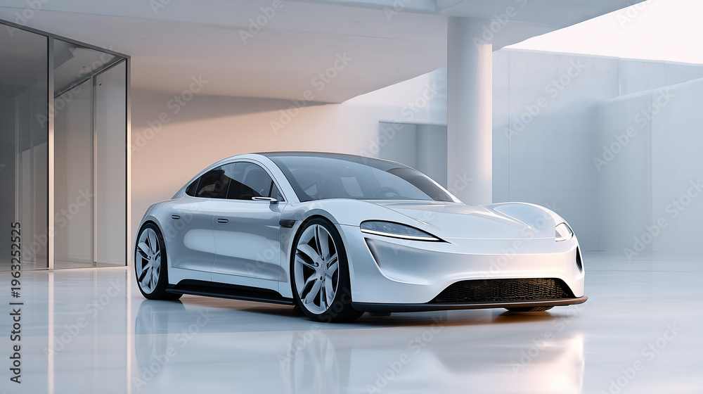Obraz premium Sleek futuristic electric luxury sedan in a minimalist white studio environment, high-end concept car design.