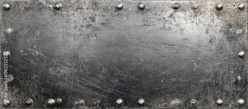 Grungy riveted metal plate texture with scratches and rust spots.