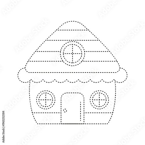 Dotted line drawing of a simple house with windows and door for tracing activities