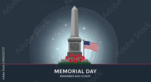 Illustration of a memorial with flag, poppies, and a background