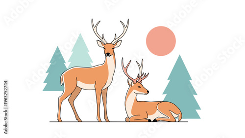 Serene outdoor illustration featuring two majestic deer, one standing and one resting, amidst pine trees with a warm sunset, depicting wildlife in a natural forest environment.