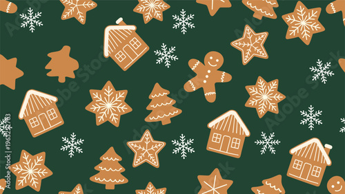 Festive Christmas seamless pattern featuring charming gingerbread cookies in house, star, and tree shapes, adorned with white icing, interspersed with snowflakes on a dark green background.