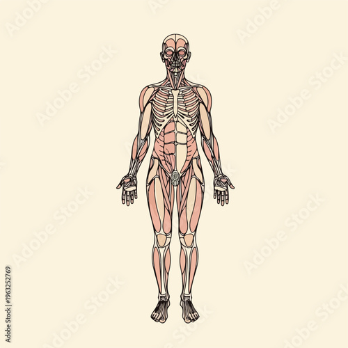 Human body illustration depicting musculature and skeletal structure