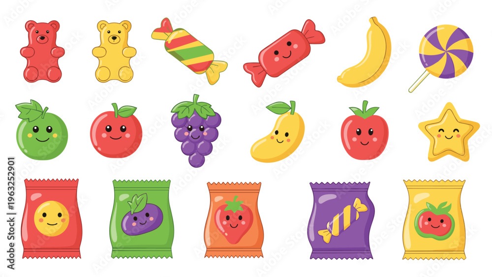 Fototapeta premium Extensive collection of cute and colorful cartoon characters depicting various candies, gummy bears, fruits, and snack bags with adorable facial expressions on a white background.