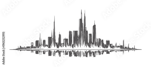 Monochrome abstract city skyline reflection silhouette in minimalist style