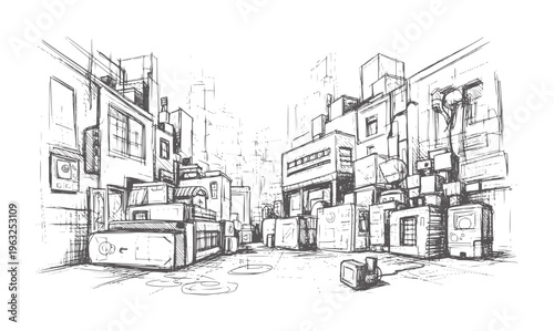 Monochrome futuristic urban alleyway with industrial machinery and equipment