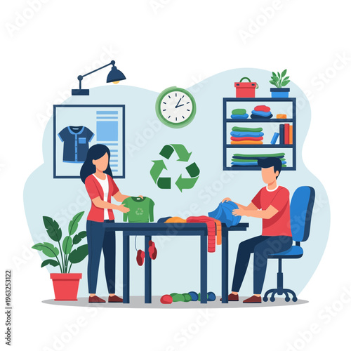 Eco fashion designers sorting clothes for recycling in a bright studio, vector illustration.