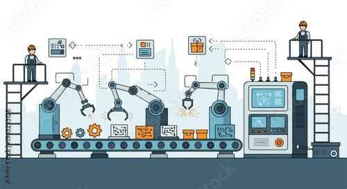 Illustration of a factory assembly line with robotic arms and workers