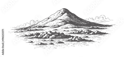 Monochrome ink of a mountainous island with volcanic peak and ocean waves volcano