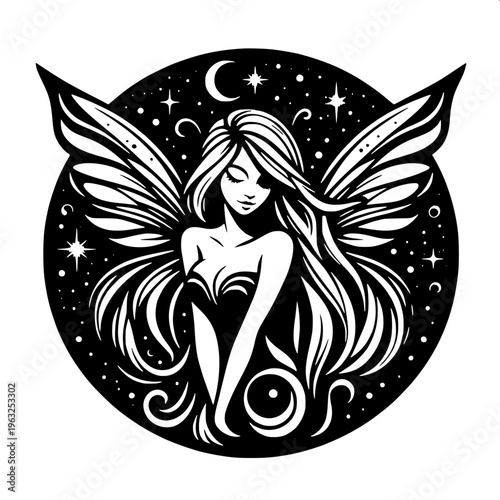 Magical fairy illustration, child-like figure with detailed butterfly wings, holding a glowing star, solid black silhouette, smooth curves, tattoo style