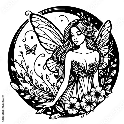 Magical fairy illustration, child-like figure with detailed butterfly wings, holding a glowing star, solid black silhouette, smooth curves, tattoo style
