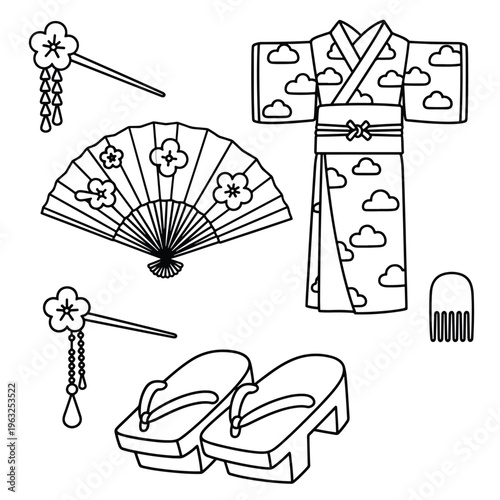 Cute Traditional Japanese Cultural Attire and Accessories Flat Lay Vector Outline