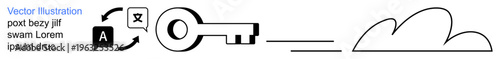 Data encryption, cloud storage, language translation, secure sharing, access control, digital connection. Key, cloud outline sync arrows and text icons. Data encryption and cloud storage concept