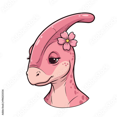 Charming Pink Parasaurolophus Dinosaur Character Head Illustration with Flower