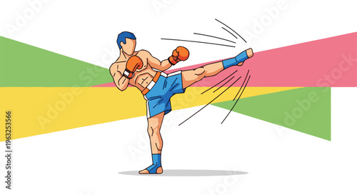 Illustration of a fighter in action, executing a high kick
