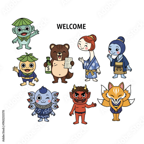 Cute vector illustration of Japanese folklore characters welcoming and greeting guests