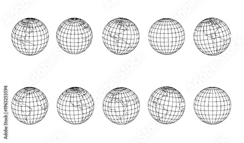 Linear globe grid spheres set with different angles minimal 3D earth wireframe vector illustration isolated on white background