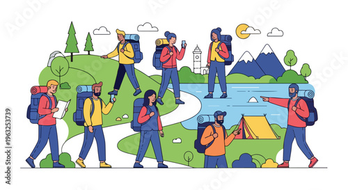 Illustration of a group of hikers exploring nature with camping equipment