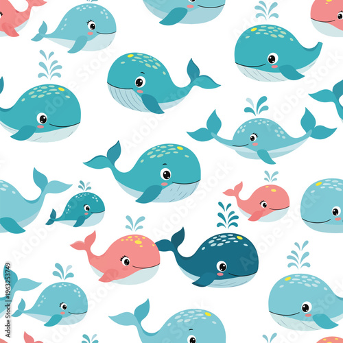 Cute Cartoon Whales Swimming Seamless Pattern for Children's Designs and Backgrounds