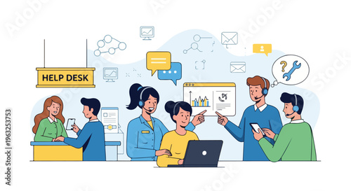 Illustration of a help desk with operators and digital elements