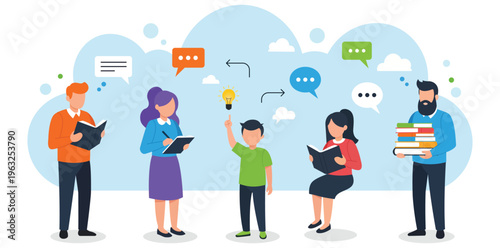 A diverse group of people standing together with books and ideas