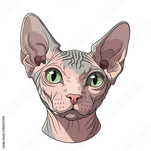 Adorable hairless feline portrait, vector art of a cute Sphynx cat head