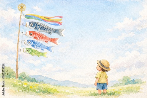 Obraz w ramie 子供の日、鯉のぼりを見上げる子供の水彩イラスト