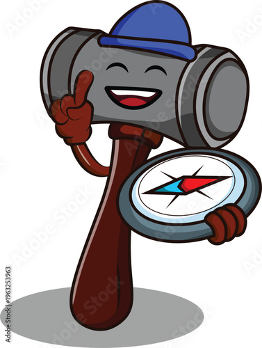Playful hammer character wearing a blue cap, holding a compass and pointing, represents guidance, direction, and tools for building and discovering new creative paths