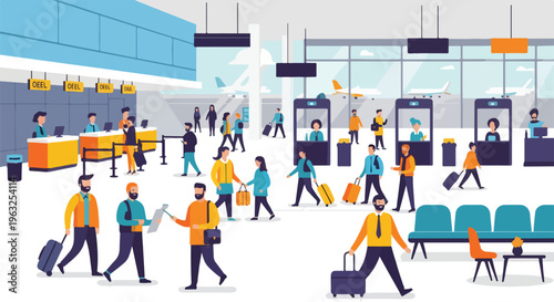 Illustration of busy airport scene with travelers and planes