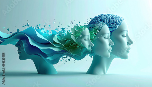 Stress, mental health, abstract background. surreal portrait abstract face mental health psychology brain cognition calm blue conceptual profile