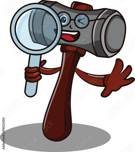 Charming cartoon hammer mascot character playfully holding a magnifying glass, winking to suggest detailed inspection, discovery, and precise craftsmanship