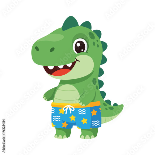 Cute Cartoon Dinosaur Character Smiling in Swim Trunks Ready for Summer Vacation Fun, Vector Illustration