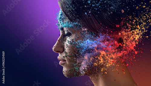 Stress, mental health, abstract background. portrait profile woman face color powder splash particles abstract creative blend with artistic powder