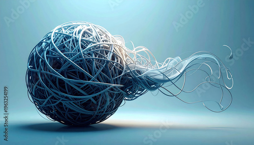 Stress, mental health, abstract background. abstract sphere tangled wire flowing strands blue gradient 3d render minimal modern smooth dynamic