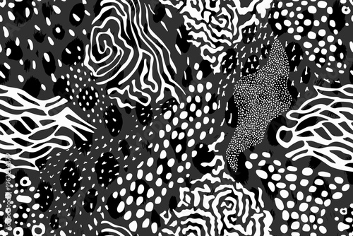 Vector abstract black and white spots, curved lines and dots background