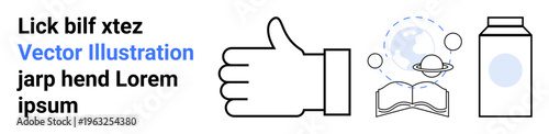 Communication, education, approval, space science, modern concepts, packaging. Thumbs up hand, open book with planet and milk carton with globe. Communication and education visual