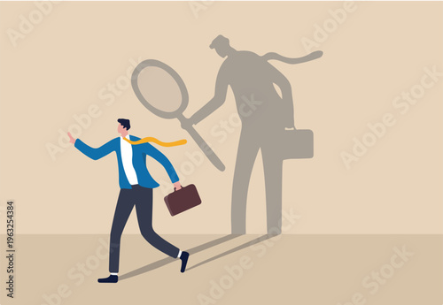 Self assessment or self analysis process to know yourself and discover plan or goal for living or work and career concept, businessman walking with shadow using magnifying glass to analyze himself