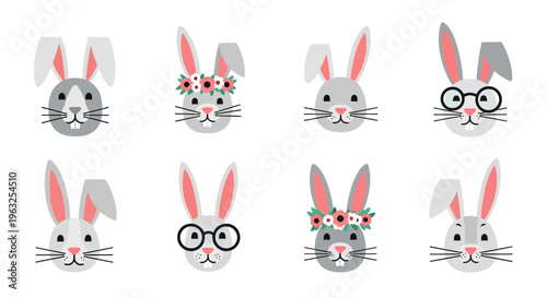 Cute cartoon bunny faces with accessories.