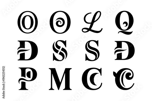 Vector showcasing unique typographic characters featuring a range of elaborately stylized letters